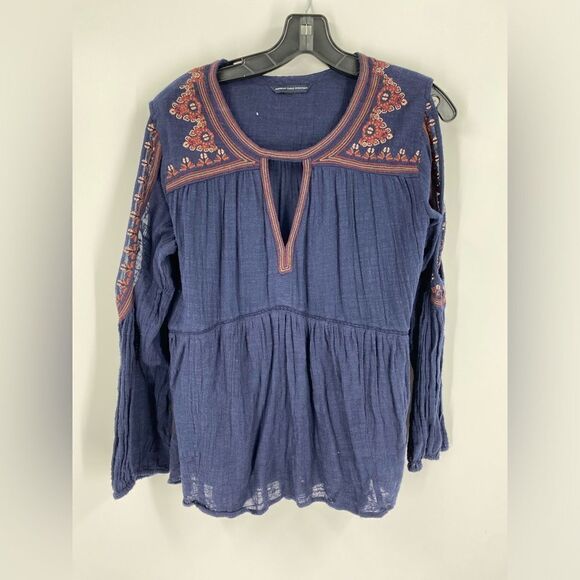American Eagle Women’s Round Neck Long Cut Out Sleeve Key Hole Front Boho Top L - Picture 1 of 5